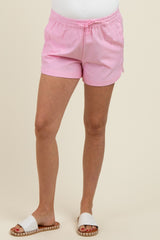 Pink Striped Round Hem Drawstring Maternity Shorts