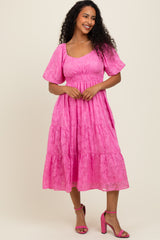 Pink Textured Floral Short Sleeve Midi Dress