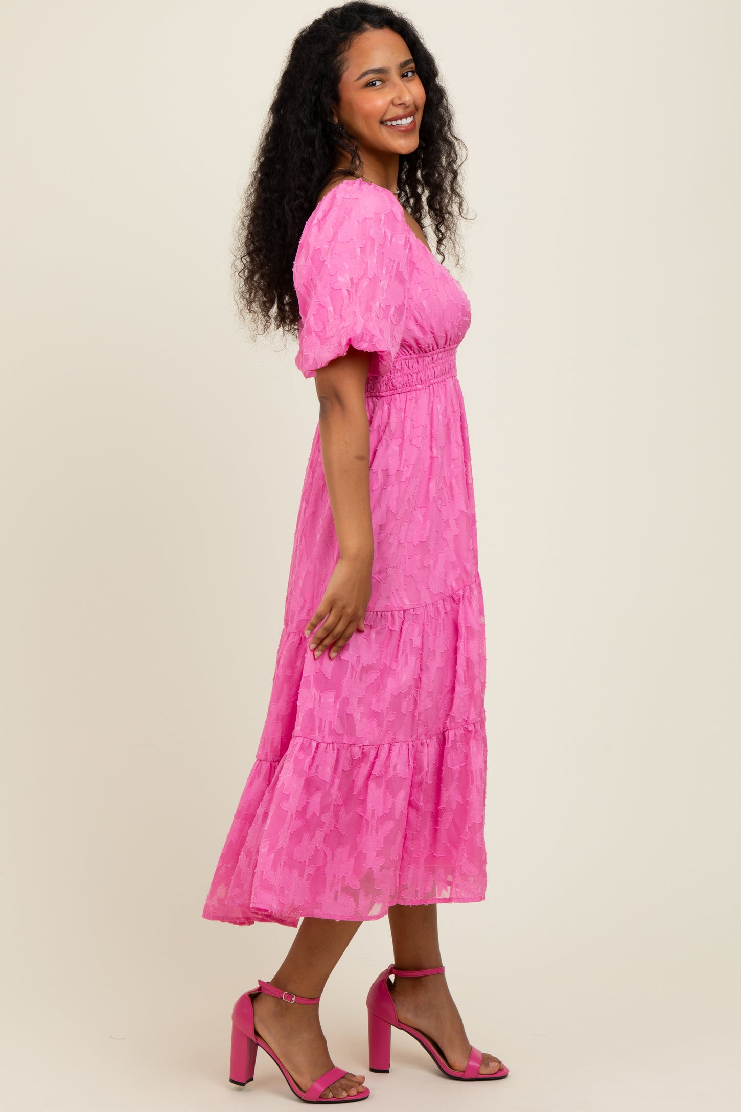 Pink Textured Floral Short Sleeve Midi Dress