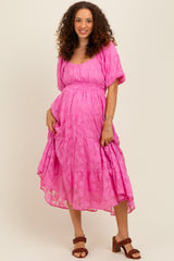 Pink Textured Floral Short Sleeve Maternity  Midi Dress