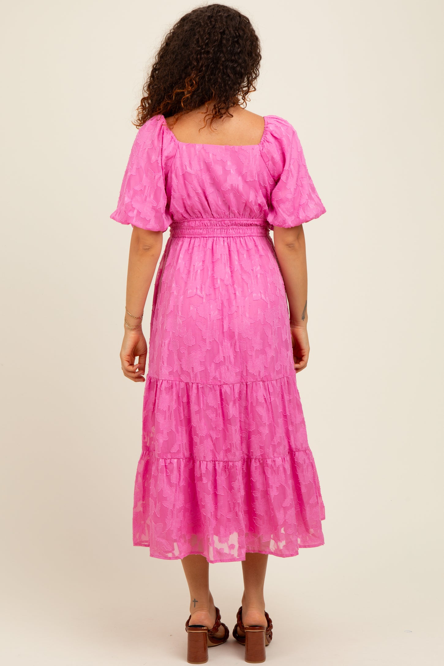 Pink Textured Floral Short Sleeve Maternity  Midi Dress