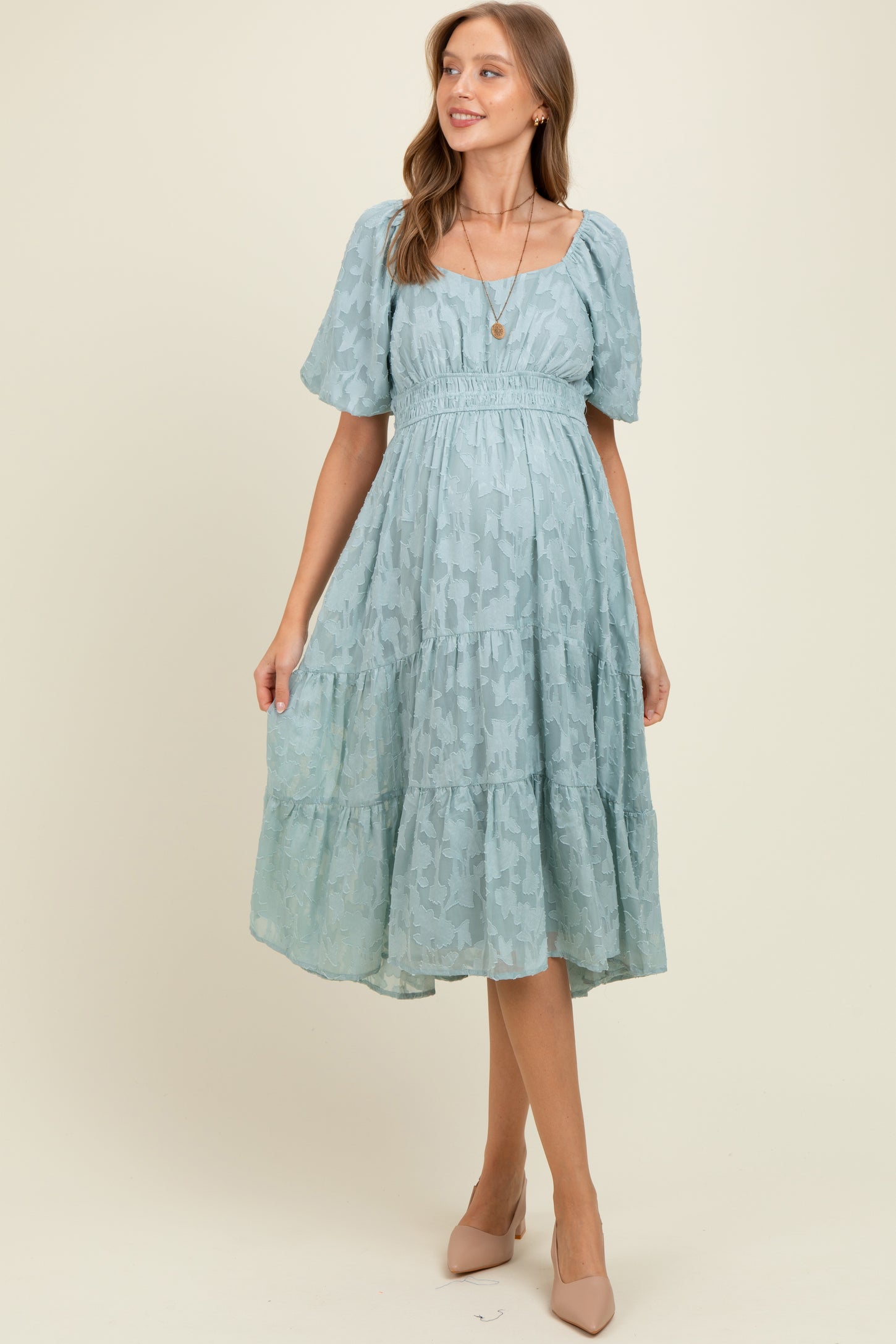 Light Blue Textured Floral Short Sleeve Maternity Midi Dress
