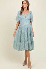 Light Blue Textured Floral Short Sleeve Maternity Midi Dress