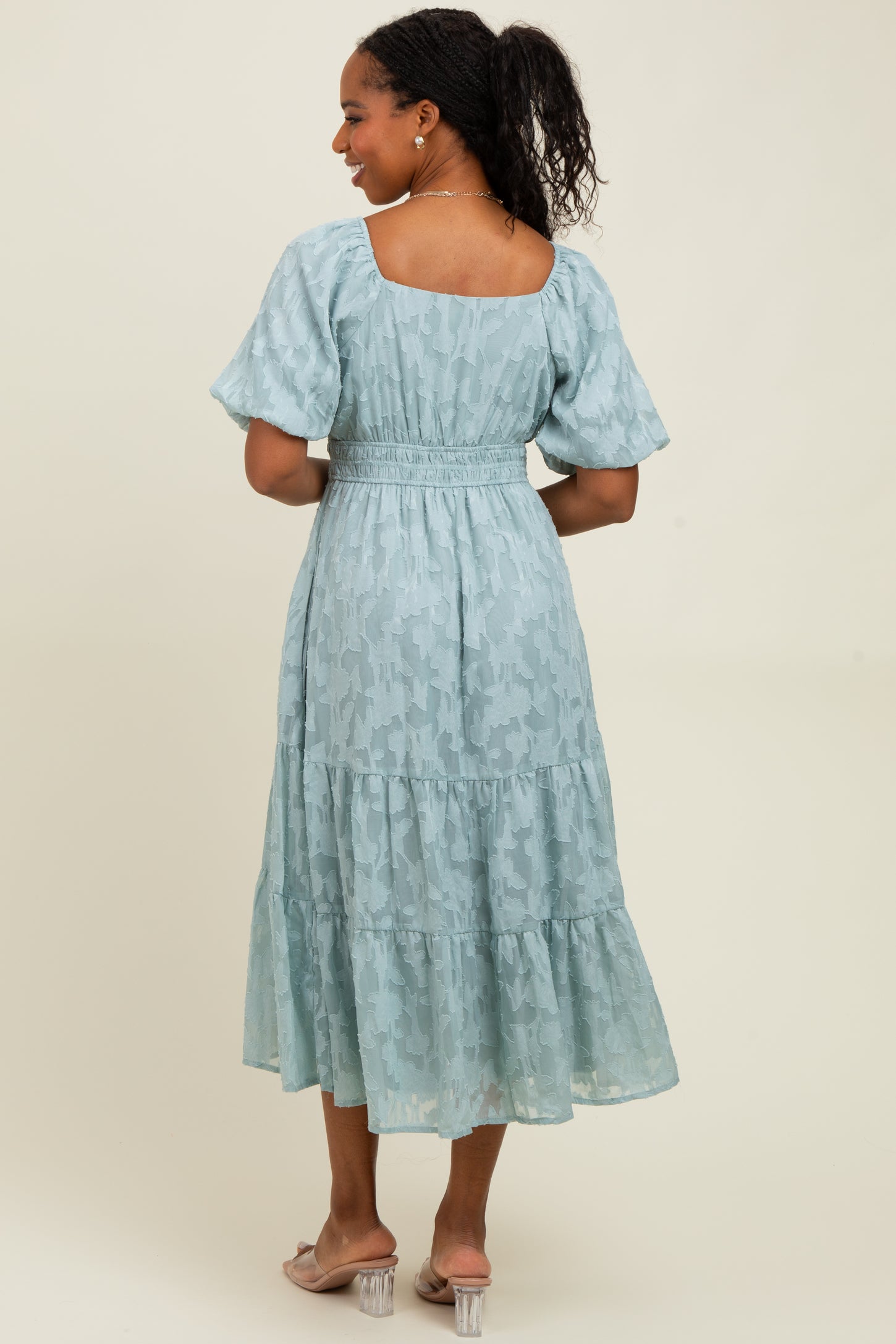 Light Blue Textured Floral Short Sleeve Midi Dress