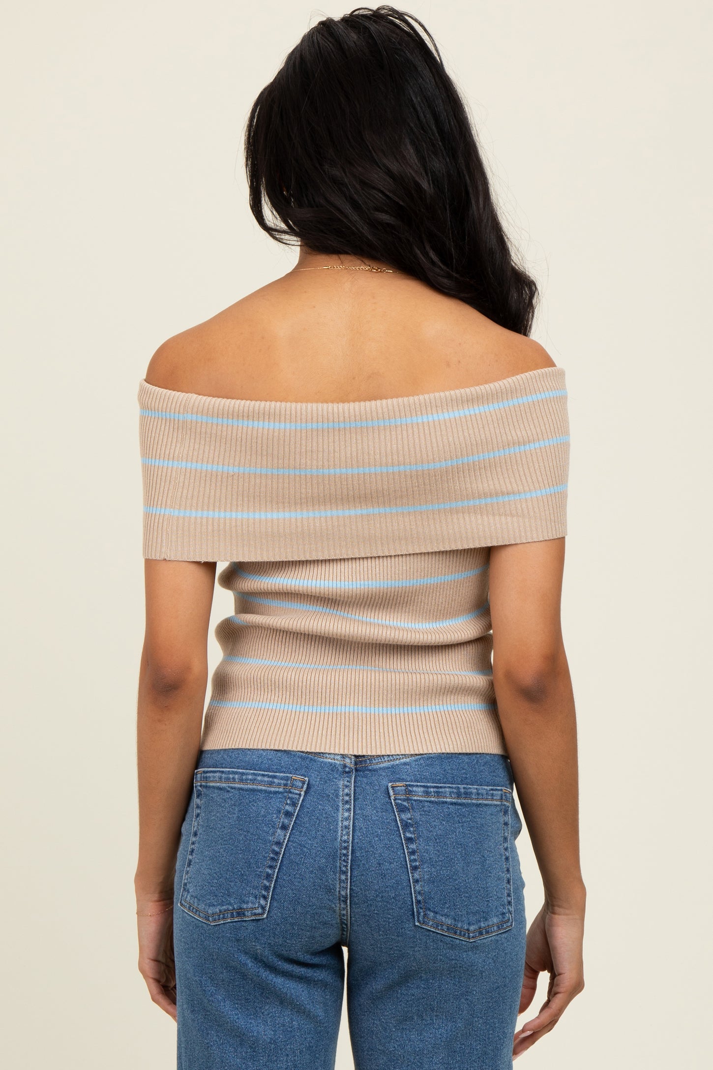 Taupe Striped Off The Shoulder Sweater Top