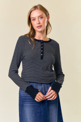 Black Striped Snap Button Henley Maternity Top