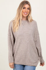 Taupe Oversized Crewneck Melange Knit Maternity Sweater