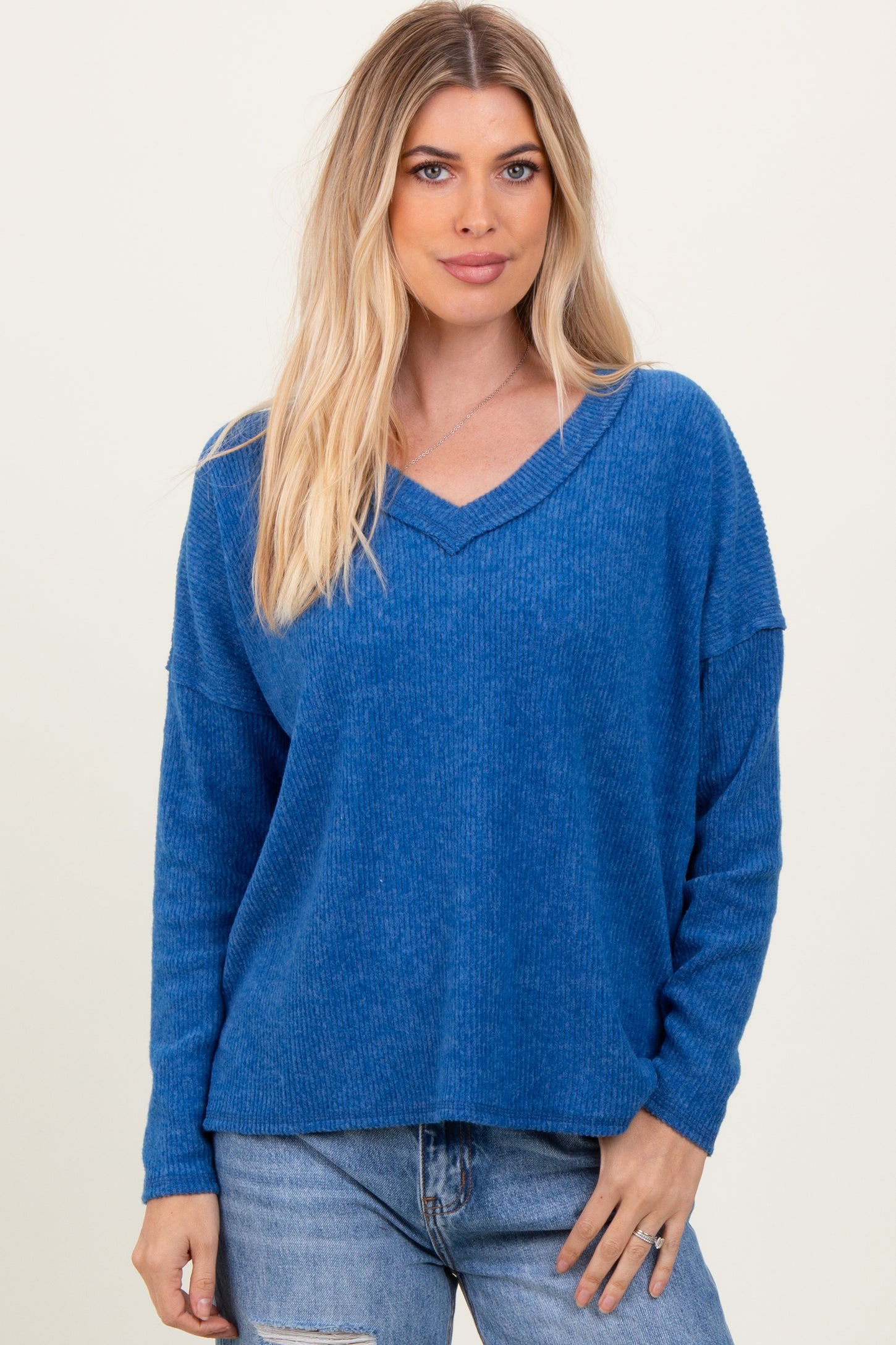 Royal Blue Ribbed V-Neck Long Sleeve Top
