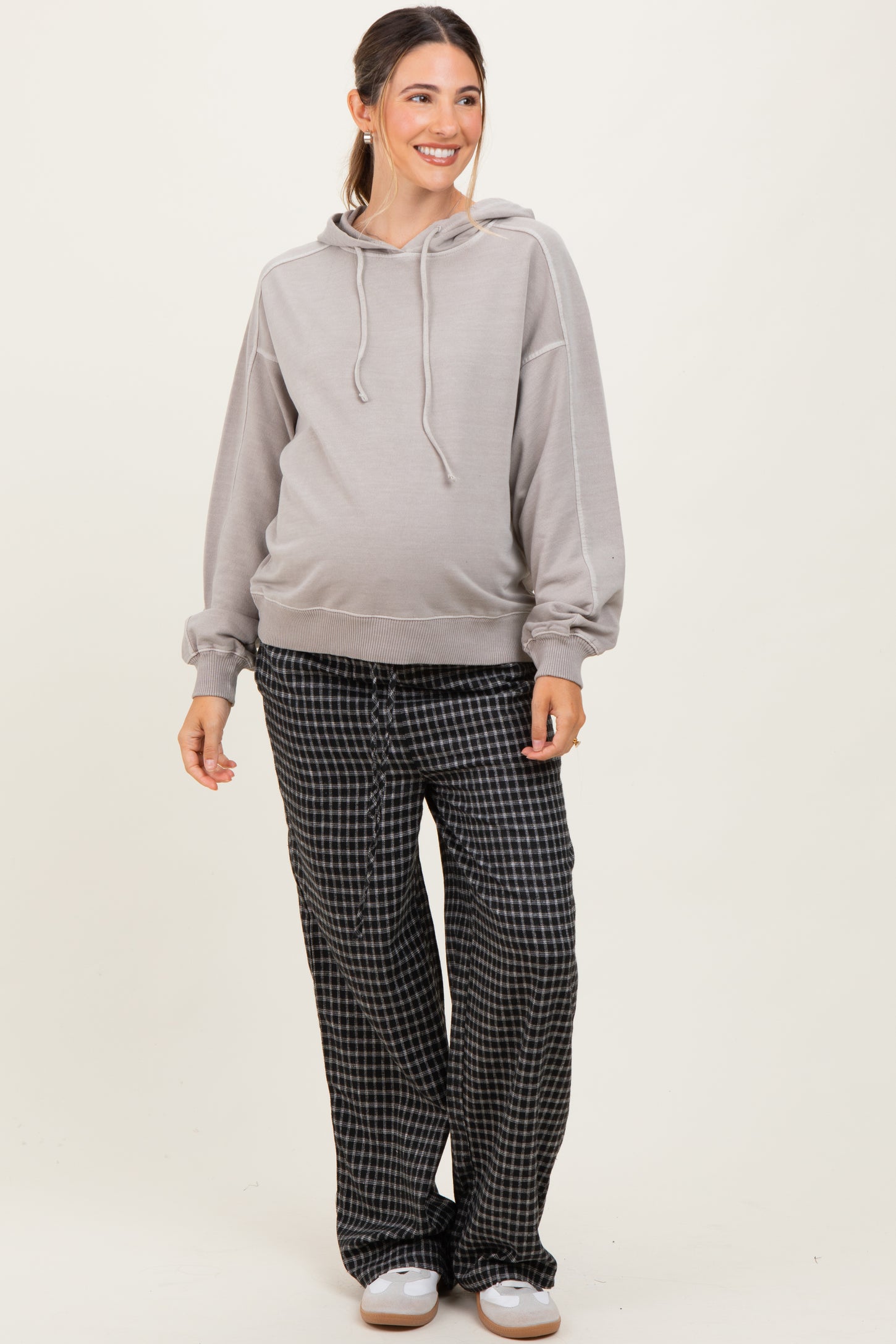 Beige French Terry Hooded Maternity Sweatshirt