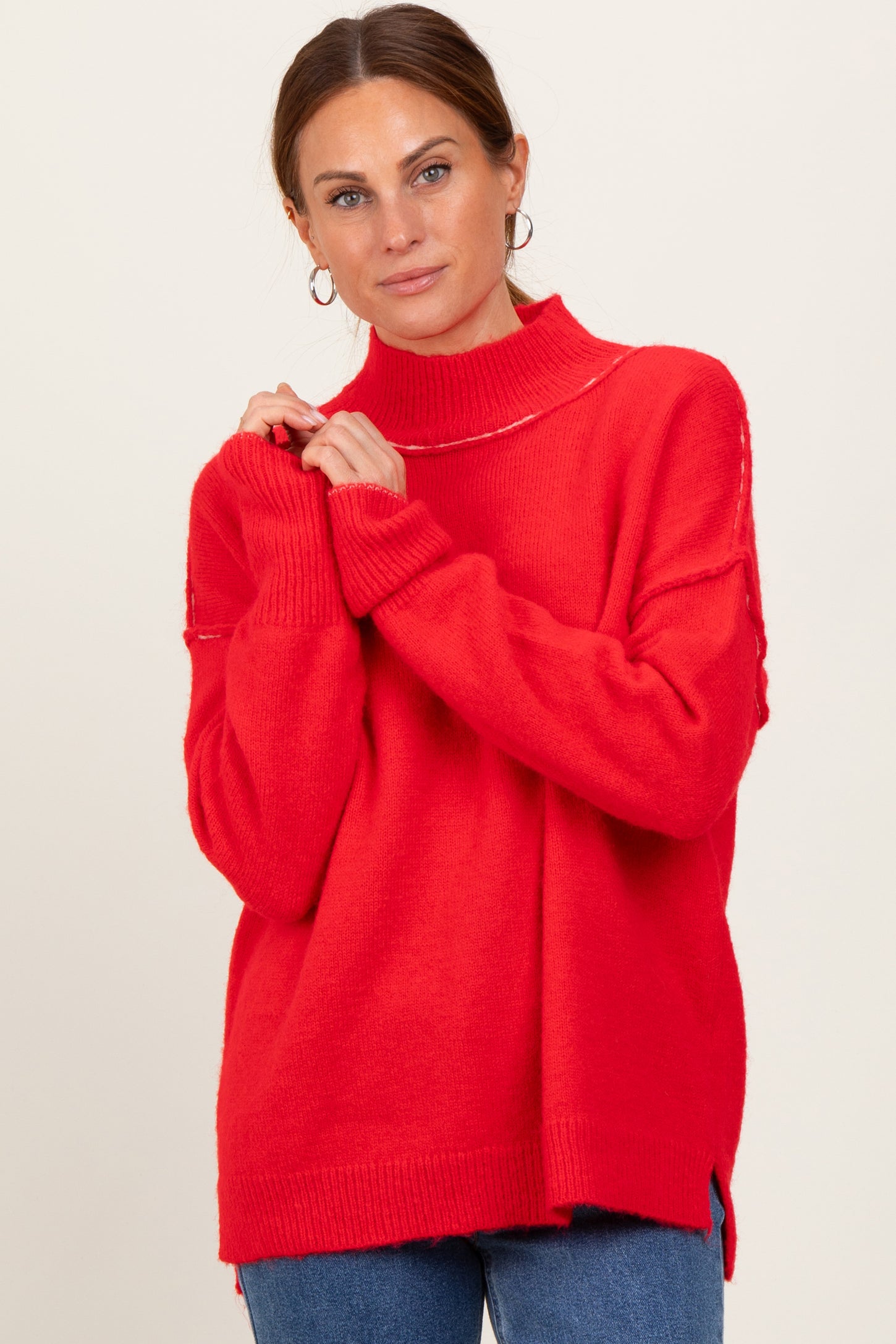 Red Mock Neck Contrast Seam Sweater
