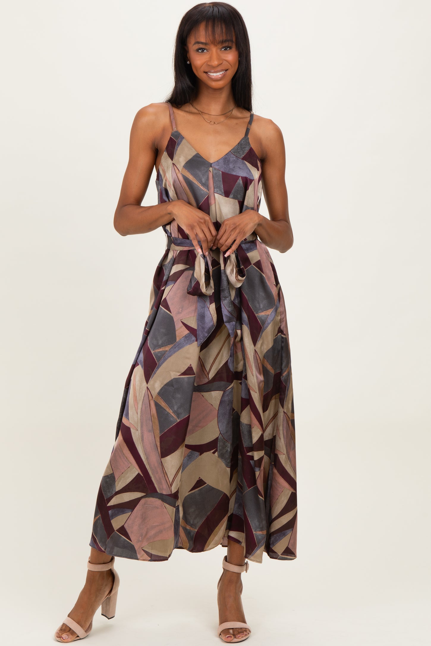 Multicolor Abstract Print Sash Tie Maxi Dress
