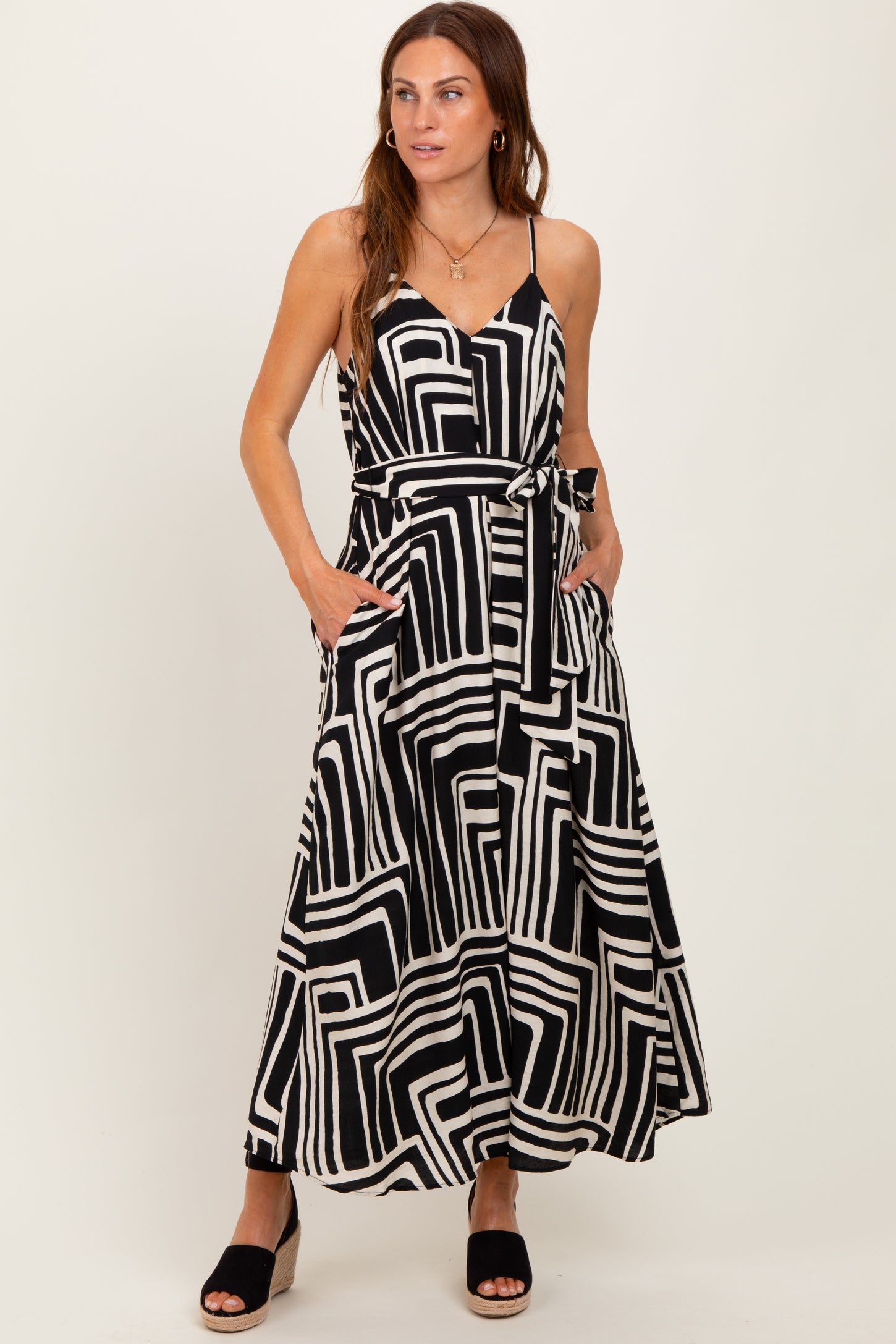 Black Geometric Print Sash Tie Maternity Maxi Dress