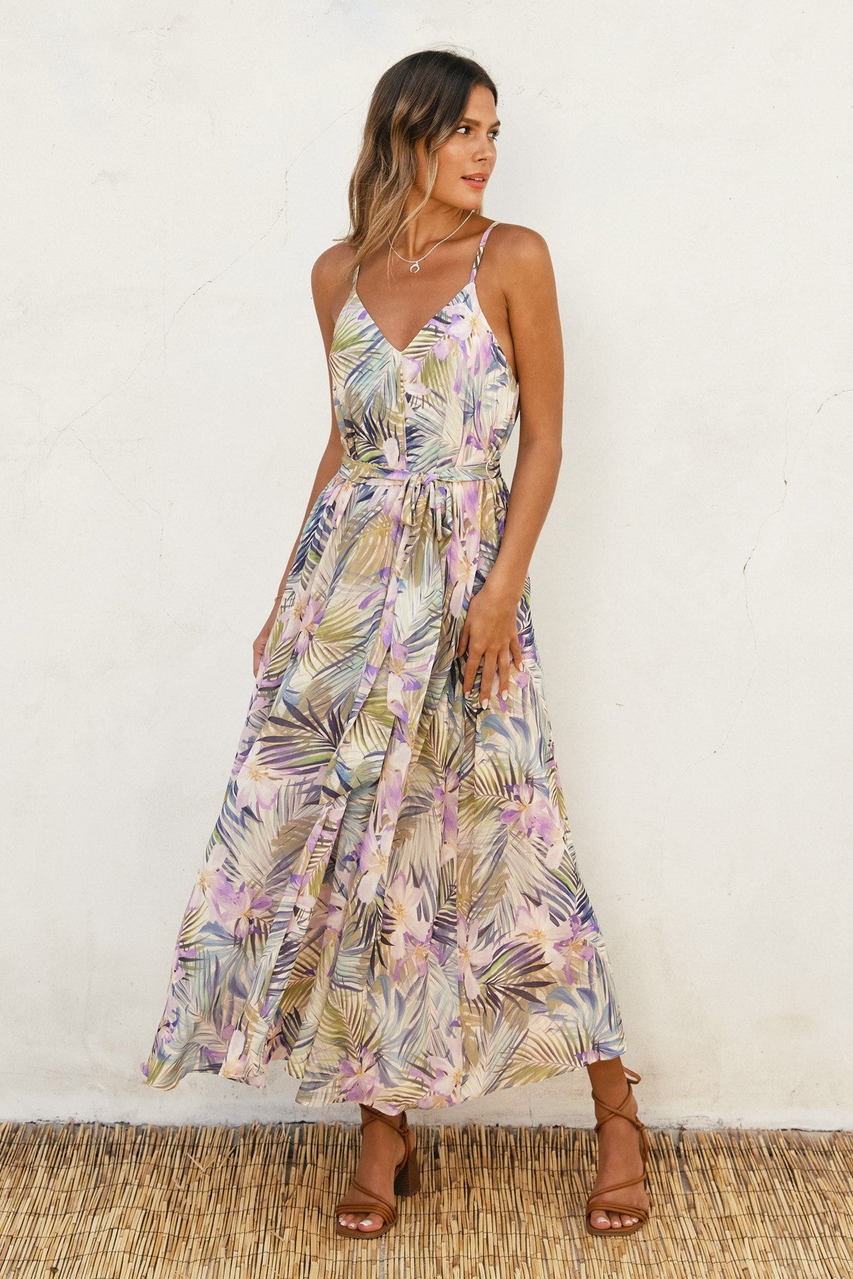 Lavender Tropical Floral Sash Tie Maxi Dress