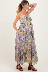 Lavender Tropical Floral Sash Tie Maternity Maxi Dress