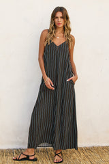 Black Striped Wide Leg Sleeveless Maternity Jumpsuit