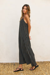 Black Striped Wide Leg Sleeveless Jumpsuit