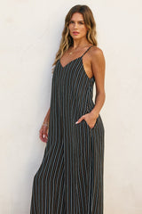 Black Striped Wide Leg Sleeveless Jumpsuit