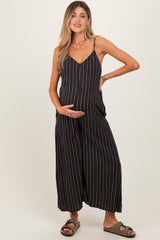 Black Striped Wide Leg Sleeveless Maternity Jumpsuit