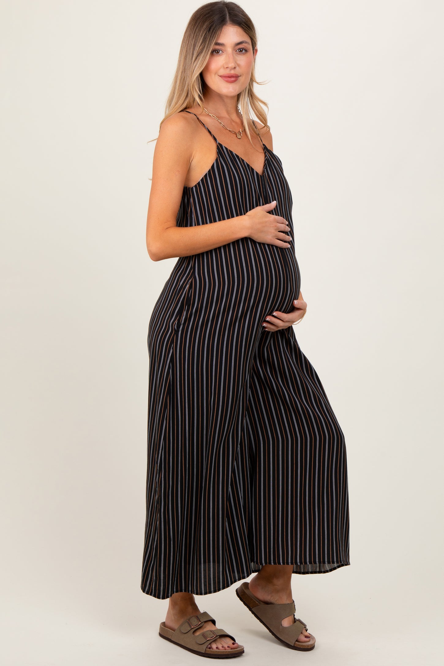 Black Striped Wide Leg Sleeveless Maternity Jumpsuit