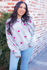 Heather Grey Heart Print Oversized Sweater