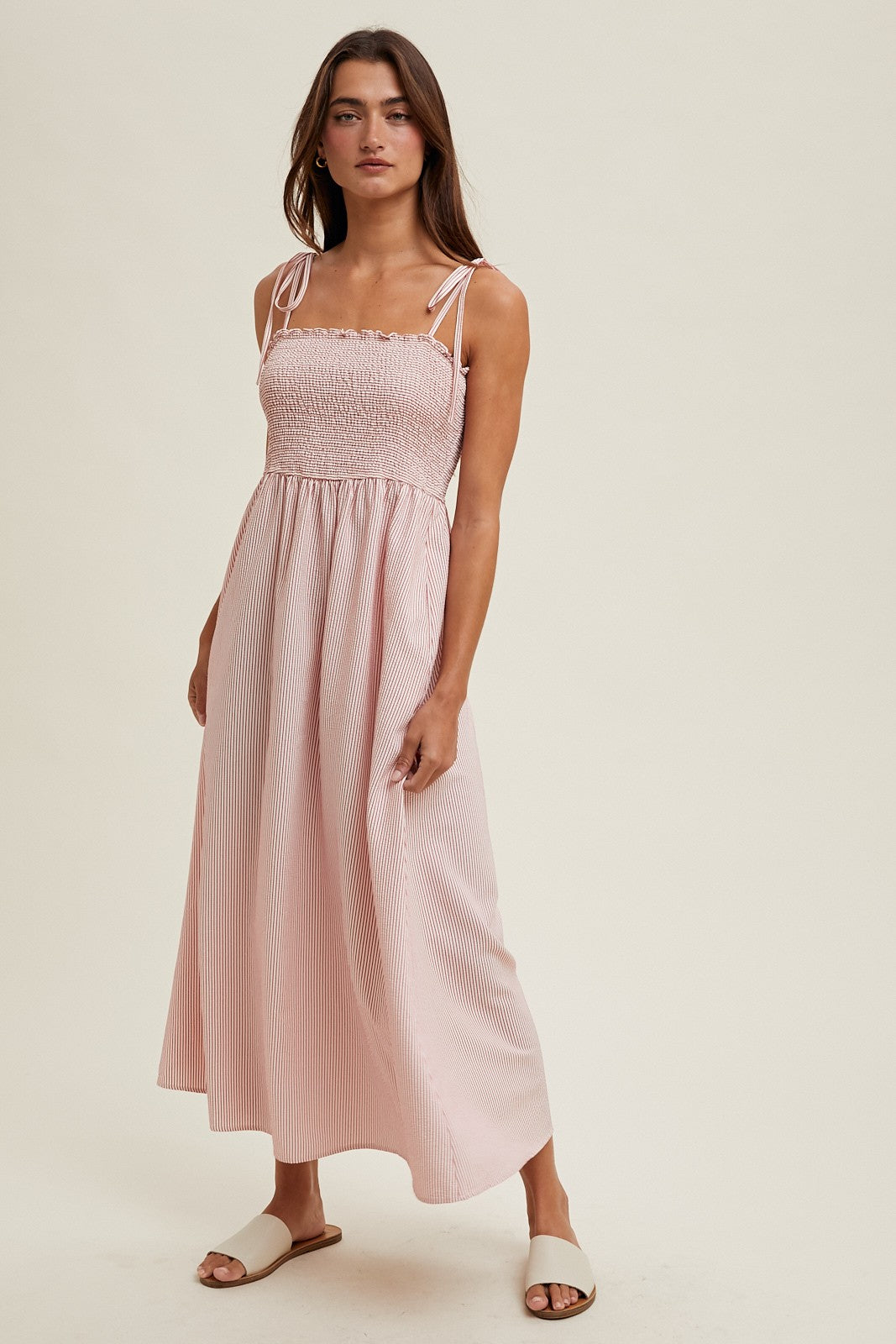 Red Striped Shoulder Tie Smocked Maxi Dress