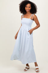 Blue Striped Shoulder Tie Smocked Maternity Maxi Dress