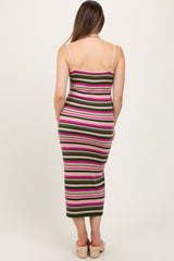 Pink Multi Stripe Ribbed Knit Maternity Fitted Midi Dress