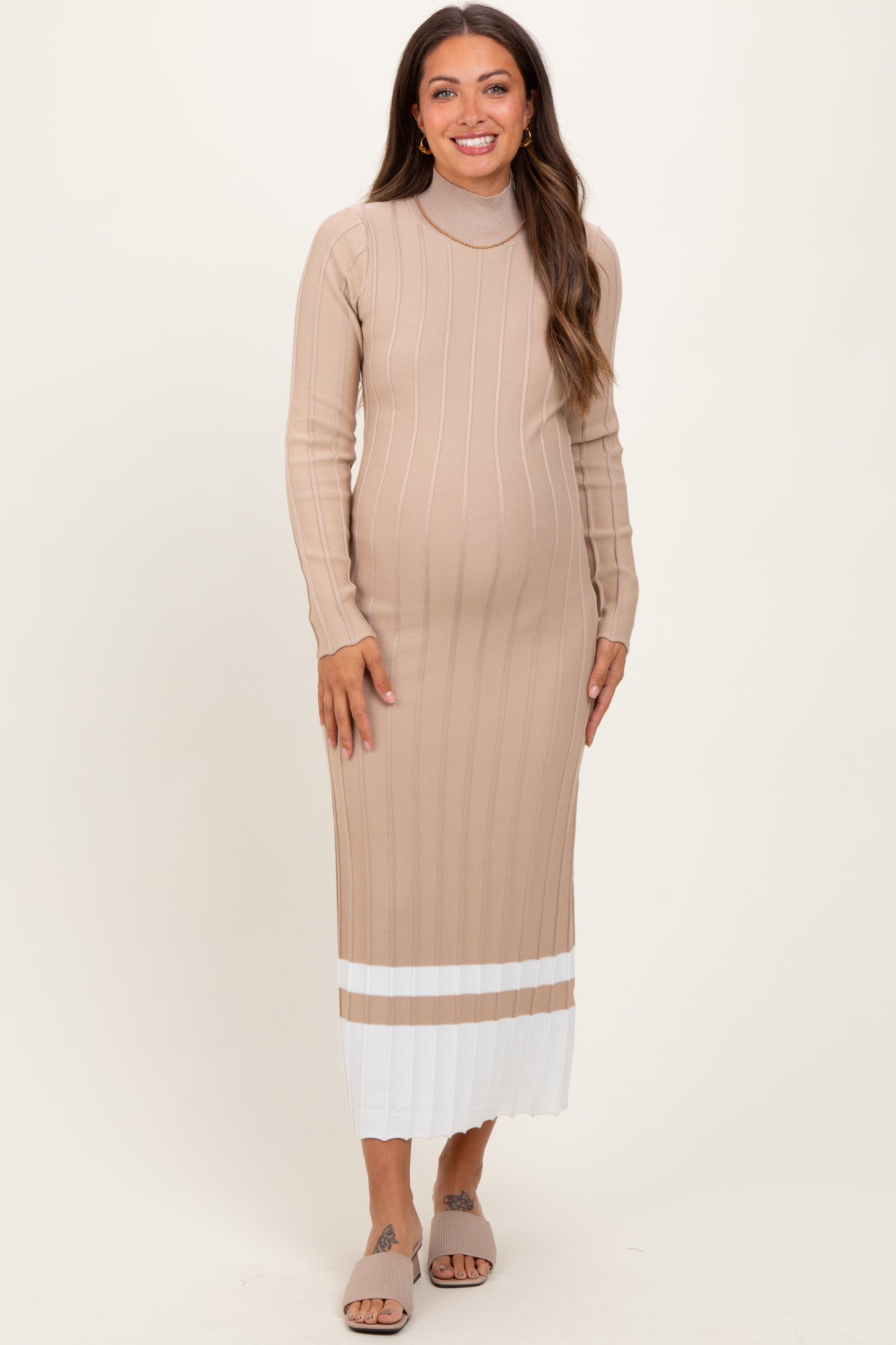 Beige Colorblock Hem Mock Neck Maternity Sweater Dress