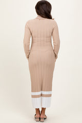 Beige Colorblock Hem Mock Neck Maternity Sweater Dress