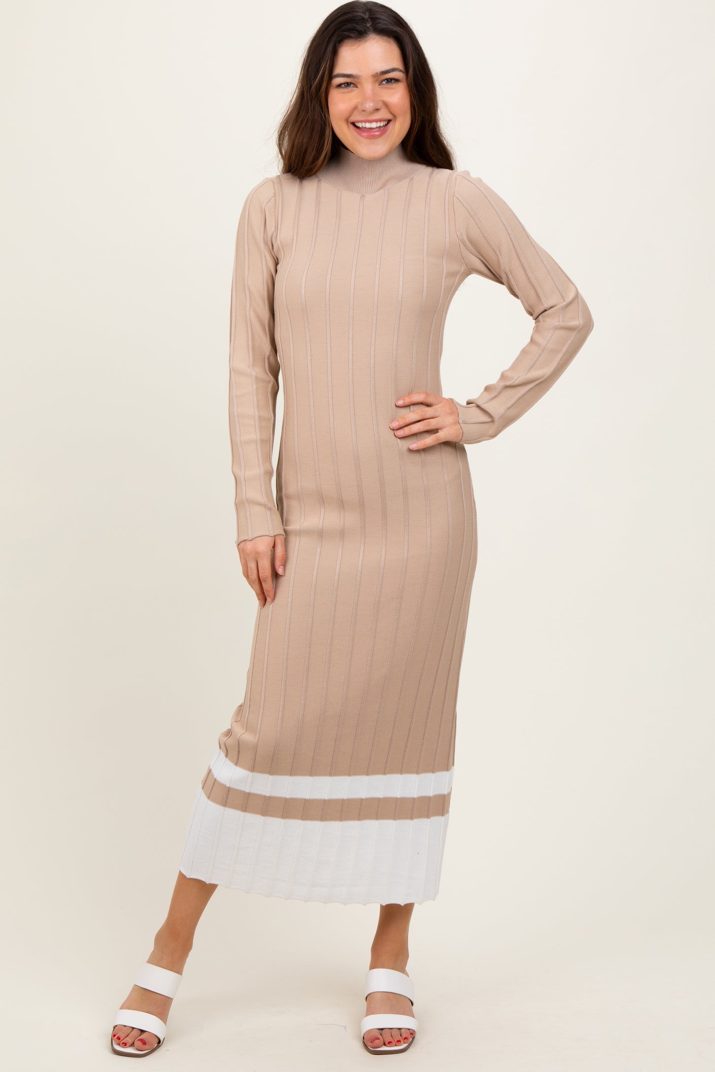 Beige Colorblock Hem Mock Neck Maternity Sweater Dress