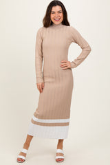 Beige Colorblock Hem Mock Neck Maternity Sweater Dress