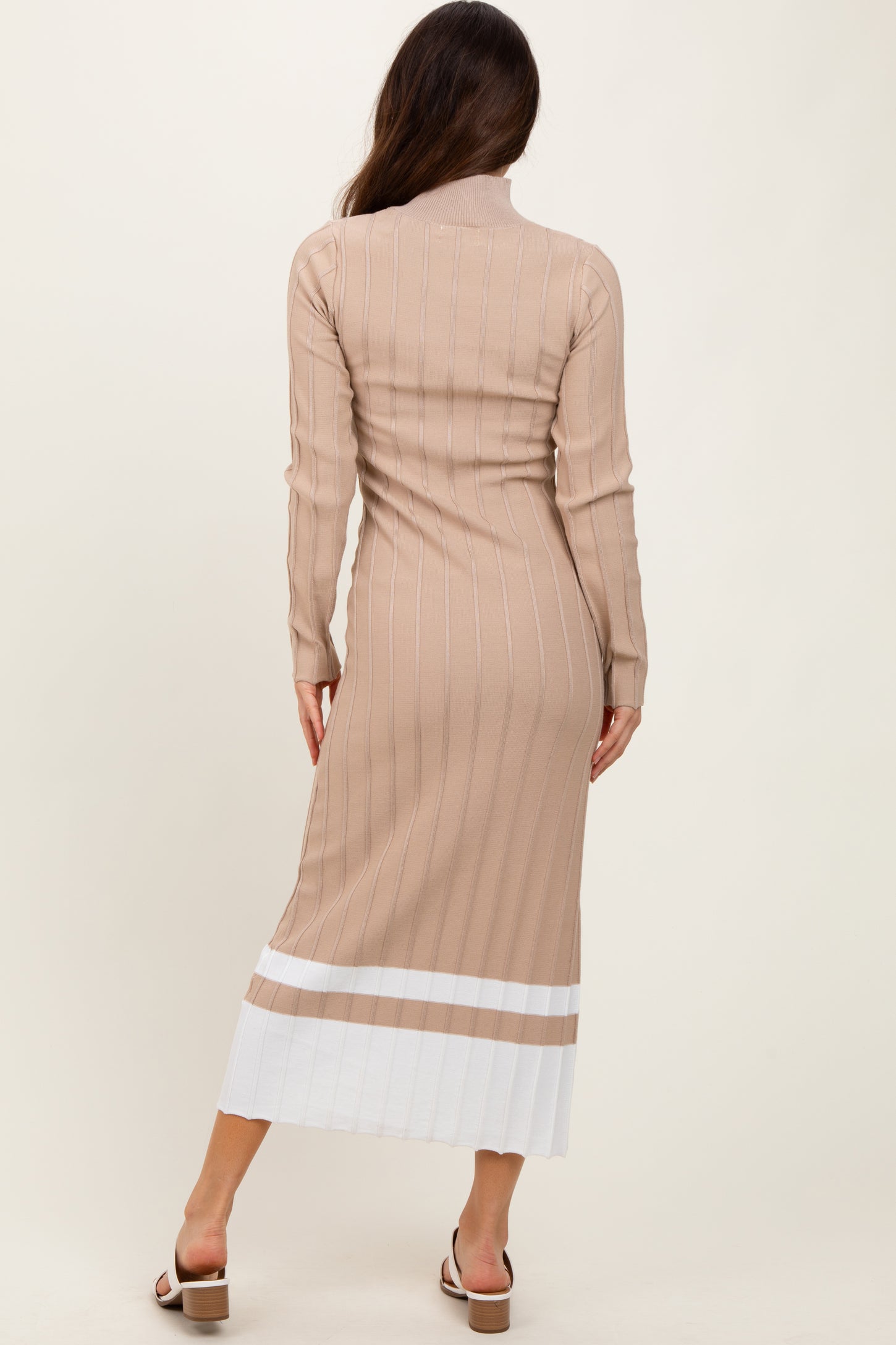 Beige Colorblock Hem Mock Neck Sweater Dress