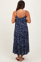 Navy Floral Outline Print Sleeveless Maternity Midi Dress