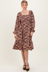 Mauve Rose Smocked Velvet Bow Tie Midi Dress