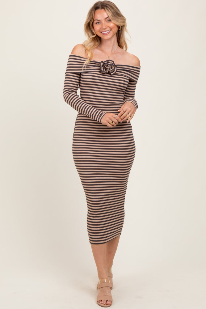 Taupe Striped Off Shoulder Rosette Midi Dress