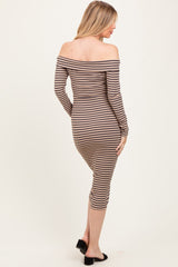 Taupe Striped Off Shoulder Rosette Maternity Midi Dress