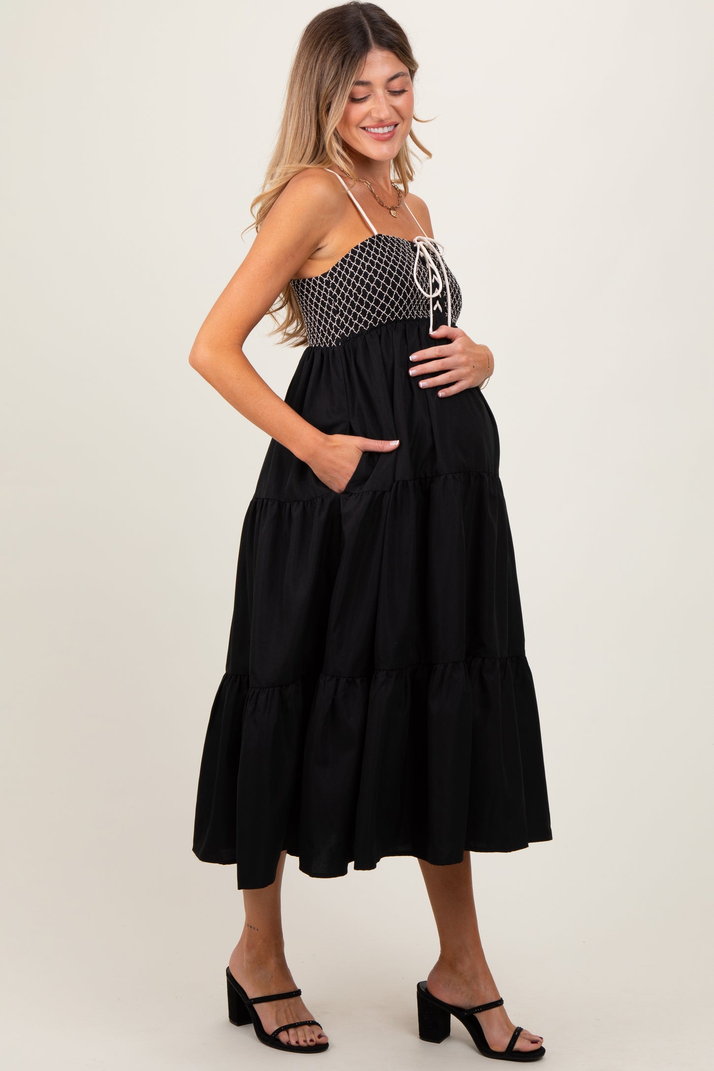 Black Lace Up Smocked Bodice Tiered Maternity Midi Dress