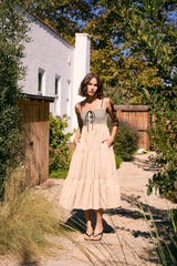 Beige Lace Up Smocked Bodice Tiered Midi Dress