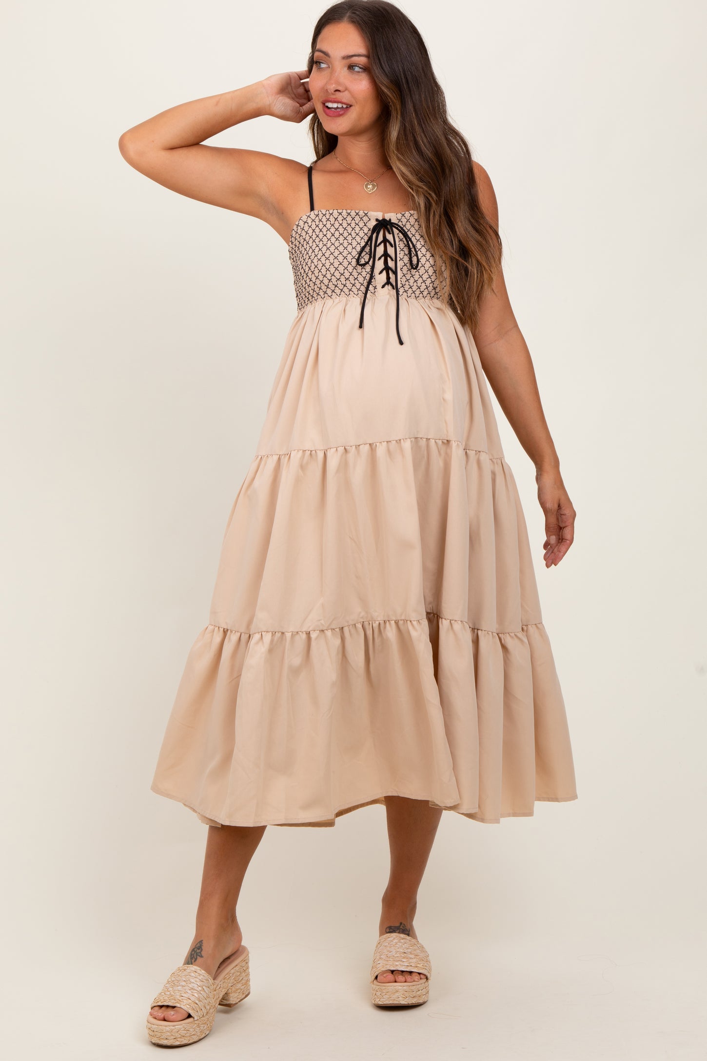 Beige Lace Up Smocked Bodice Tiered Maternity Midi Dress