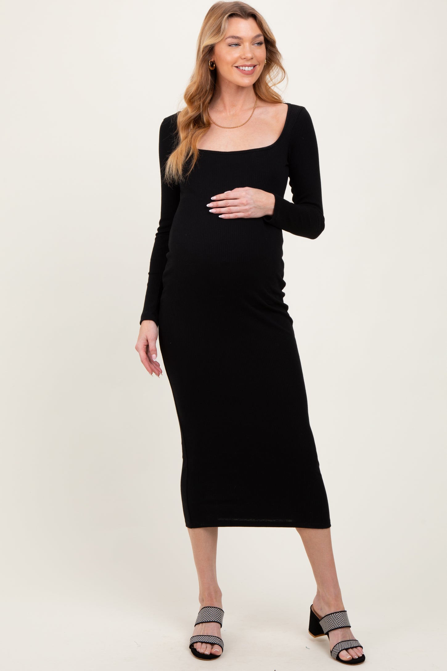 Black Square Neck Rib Long Sleeve Maternity Maxi Dress