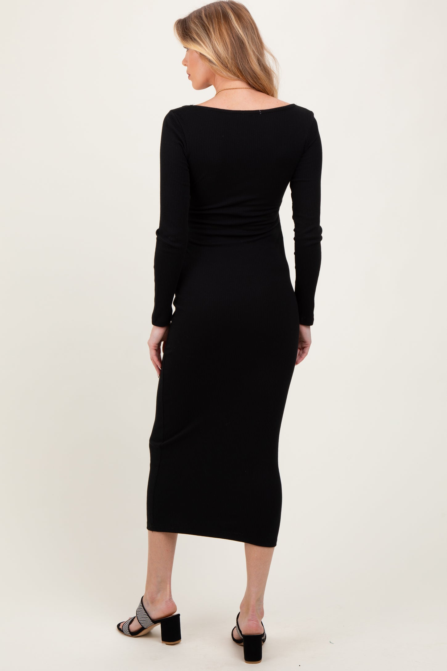 Black Square Neck Rib Long Sleeve Maternity Maxi Dress