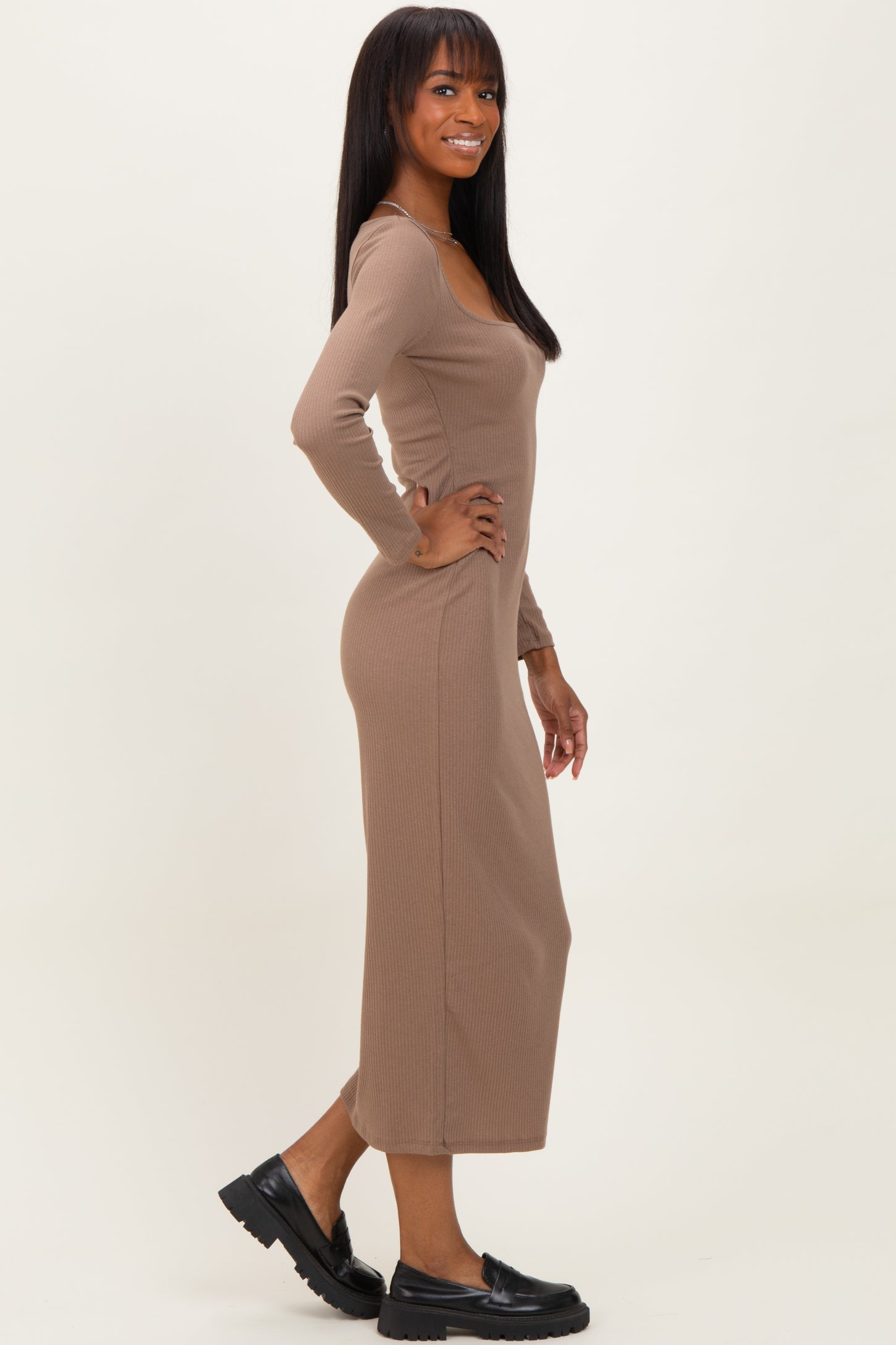 Taupe Square Neck Rib Long Sleeve Maxi Dress