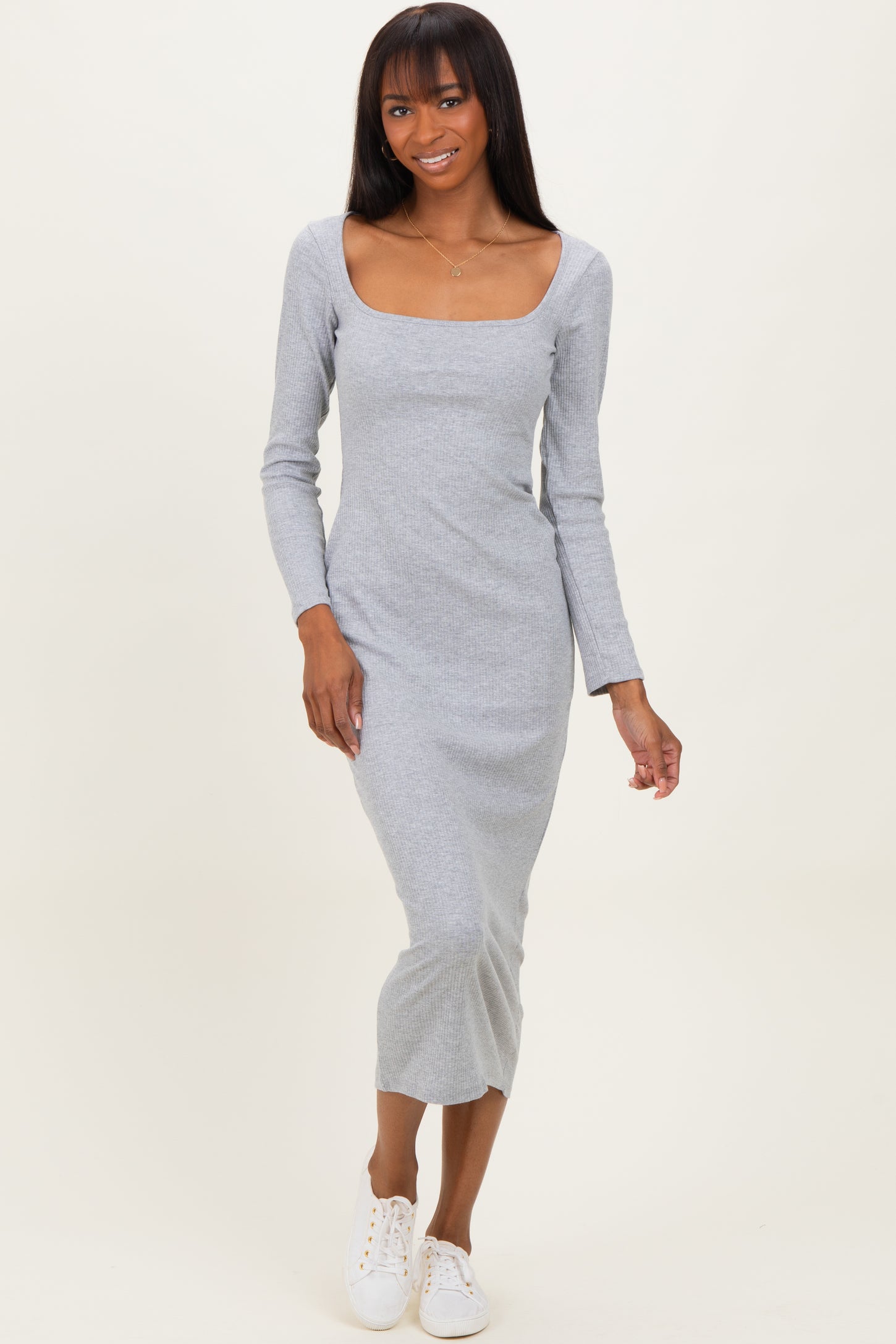 Heather Grey Square Neck Rib Long Sleeve Maternity Maxi Dress