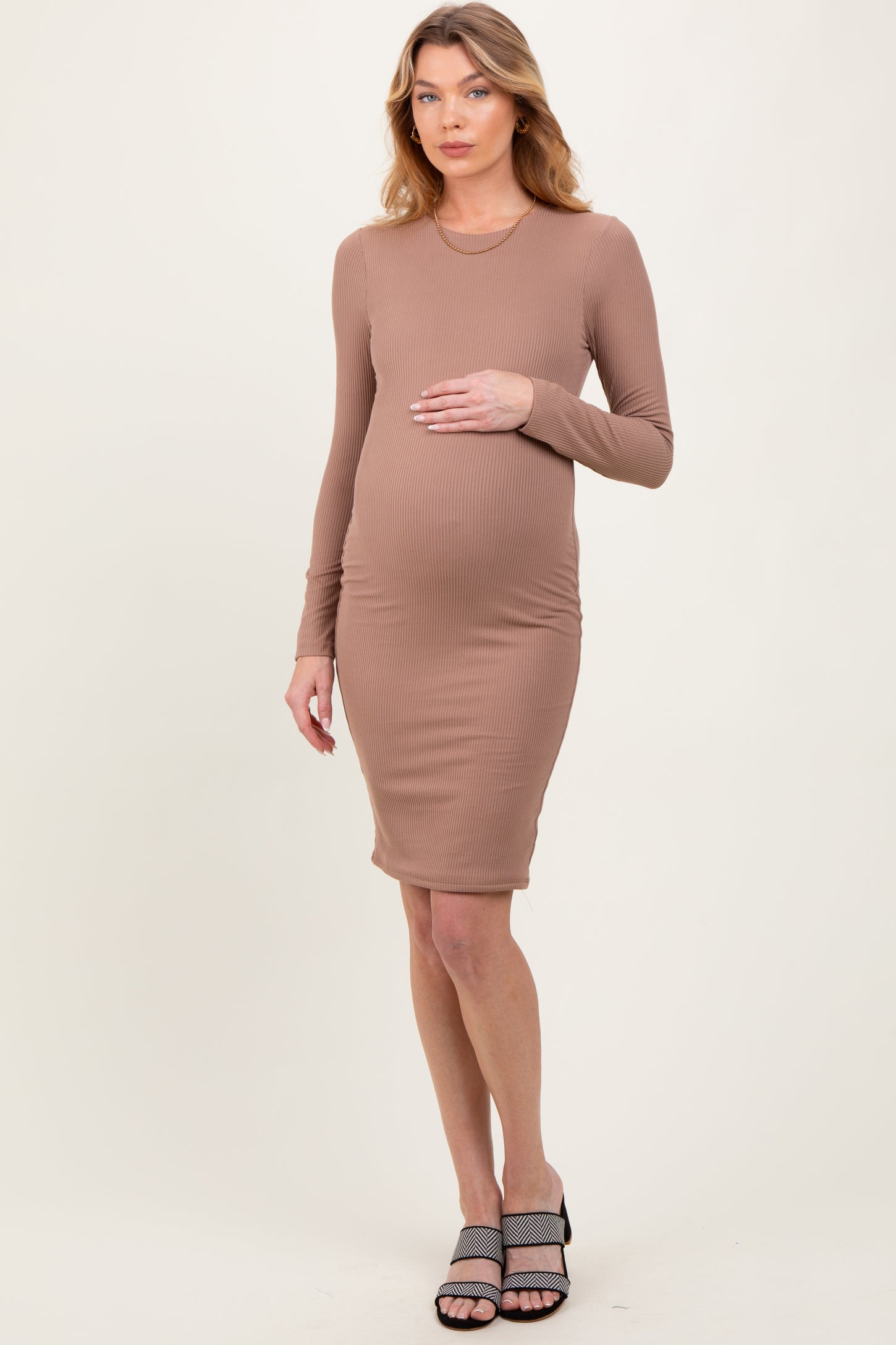 Mocha Crew Neck Double Layered Rib Maternity Mini Dress