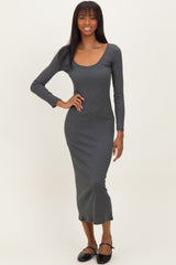 Charcoal Scoop Neck Long Sleeve Midi Dress