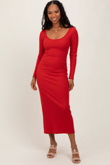 Red Scoop Neck Long Sleeve Maternity Midi Dress