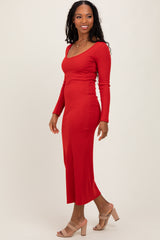 Red Scoop Neck Long Sleeve Midi Dress