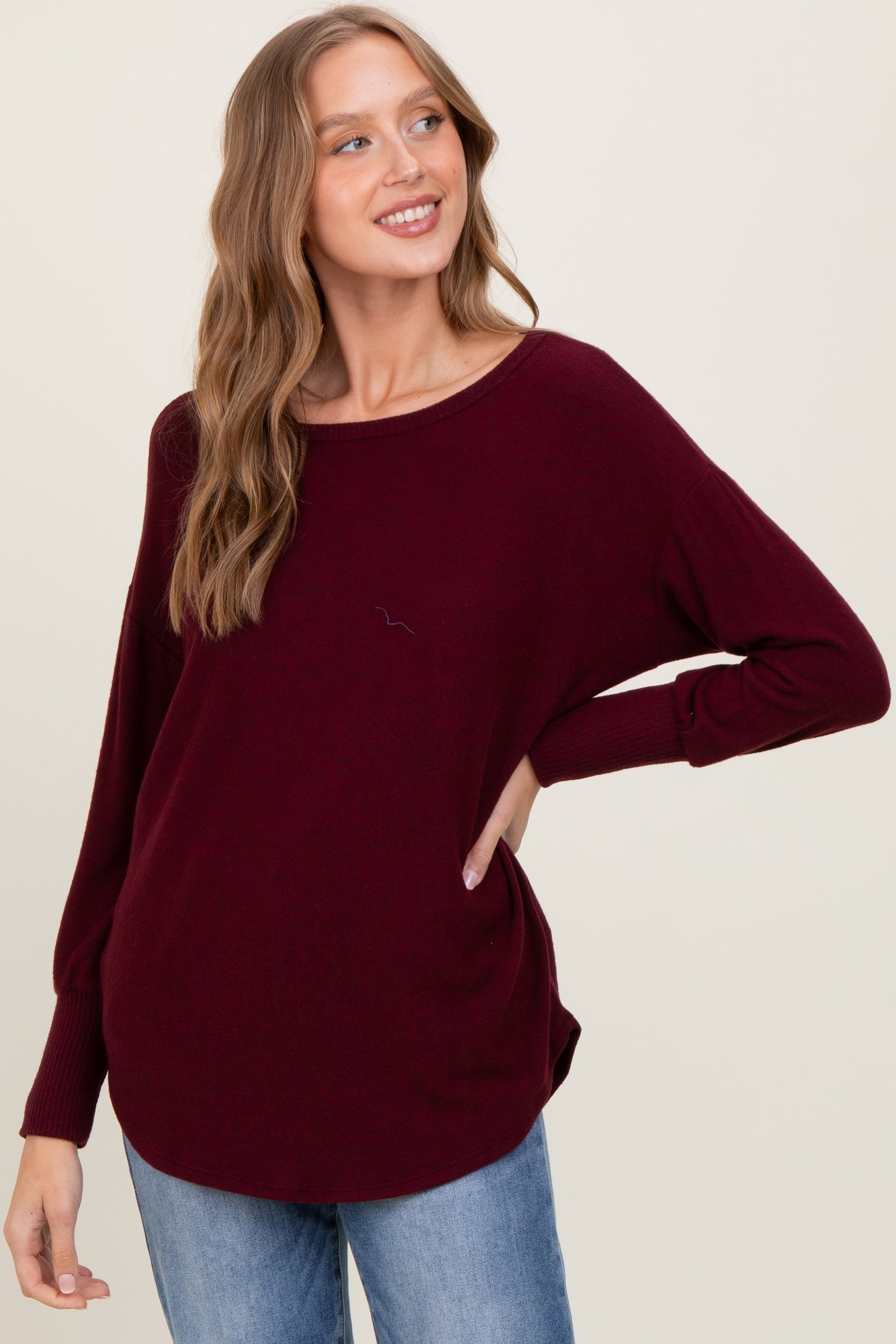 Burgundy Premium Basic Cuffed Loose Fit Maternity Top
