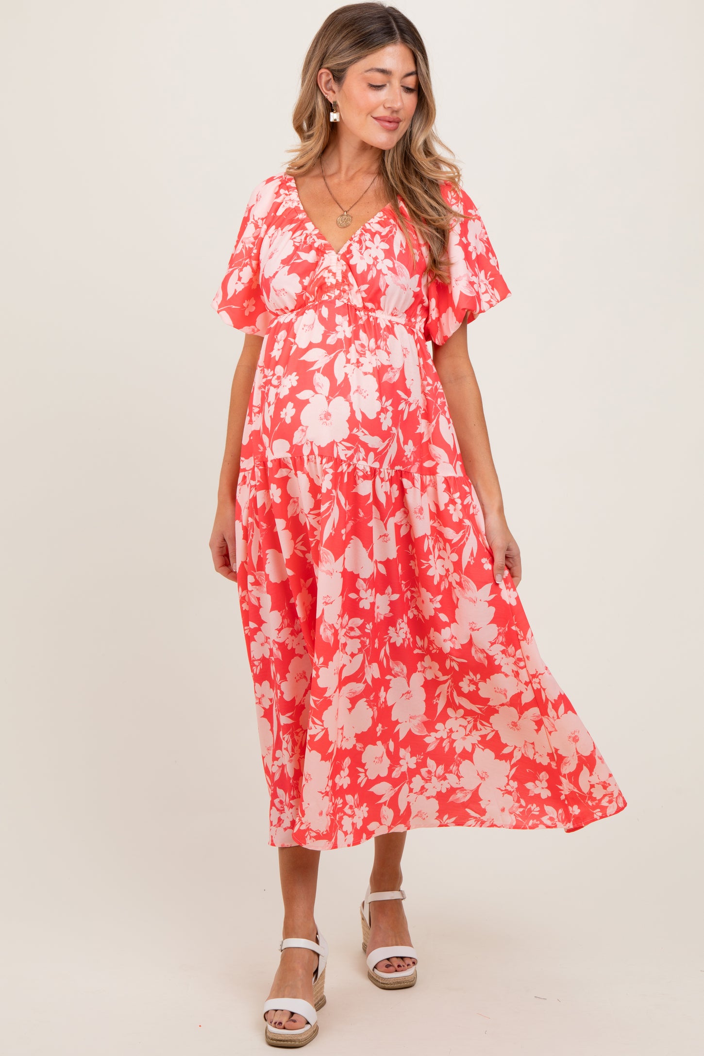 Coral Bubble Short Sleeve Maternity Maxi Dress W/ Side Pocket