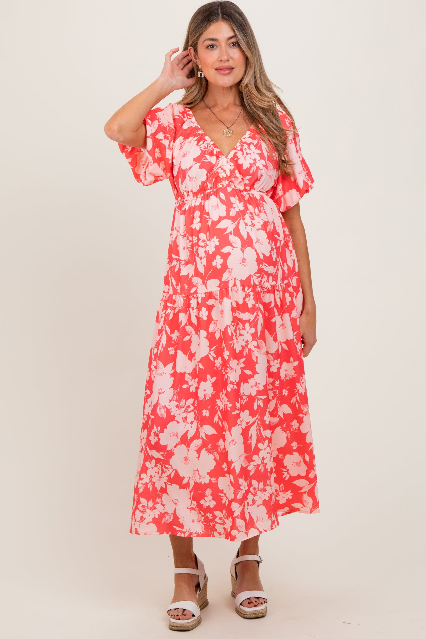 Coral Bubble Short Sleeve Maternity Maxi Dress W/ Side Pocket